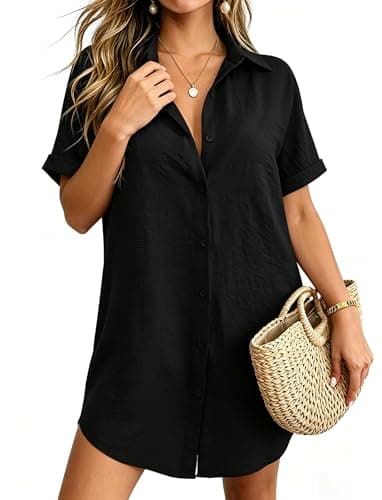Rioofinx Button Down Bikini Coverup Beach Shirt Dress Honeymoon Black M