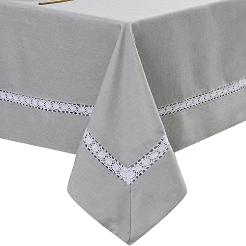 EHouseHome Heavy Duty Fabric Tablecloth with White Lace-Waterproof/Wrinkle Free/Stain Resistant/Oil Proof-for Dining,Indoor&Outdoor,Wedding,Holiday,Silver Grey,Rectangle 52x70Inch
