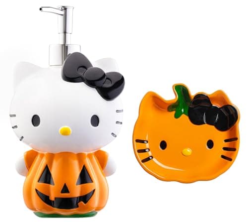Jay Franco Hello Kitty Pumpkin Jack-O-Lantern Bathroom Décor Set - 2 Piece Autumn & Halloween Collection Includes Orange Lotion Pump & Soap Dish - Bathroom Accessories