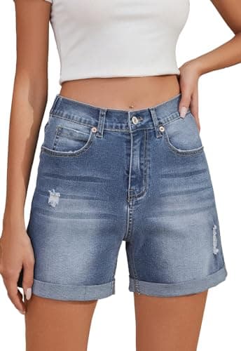 Metietila Women's High Waisted Denim Shorts Casual Summer Stretchy Rolled Hem Jean Shorts Denim Blue XL