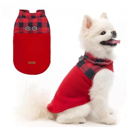EXPAWLORER Christmas Fleece Dog Sweater for Small Medium Dogs - Classic Plaid Jacket, Doggie Winter Coat Vest with 2 D-Rings for Leash, Cold Weather Clothes,Pet Apparel,Sweatershirt for Boy or Girls