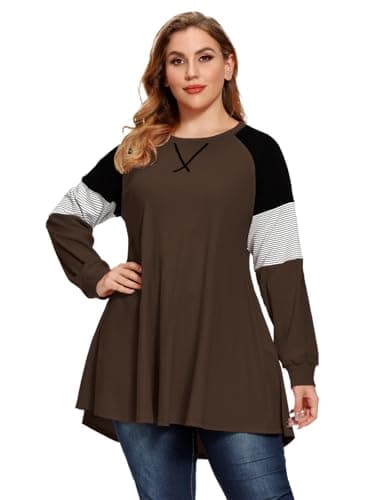 LARACE Plus Size Tops Women Pullover Sweatshirt Color Block Tee Long Sleeve Tunic Striped Raglan Shirt(Coffee 3X)
