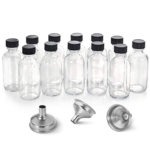 AOZITA 12 Pack, 2 oz Small Clear Glass Bottles w/Lid & 3 Funnels - 60ml Boston Shot Bottles for Health, Immunity, Potion, Wellness, Sample, Ginger, Juice - Mini Personal Care & Beauty Travel Bottle