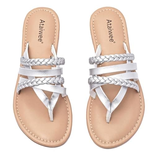 Ataiwee Women's Casual Flat Slide Sandals - Dressy Comfortable Criss Cross Strappy Summer Sandals,Open Toe Multi Strap Beach Flat Thong Sandals.Silver 12