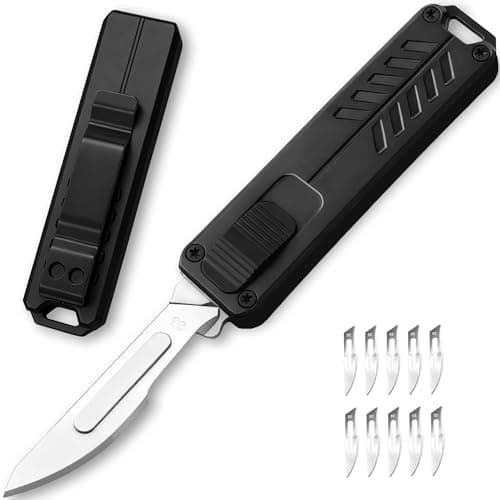 Automatic Utility Knife,Retractable Push Button Scalpel EDC Knife,All Metal Construction Fast Open Safety Lock Mini Box Cutter,Home Office Cardboard Cutting Tool,Cool Gadgets Gift for Dad Teens Black