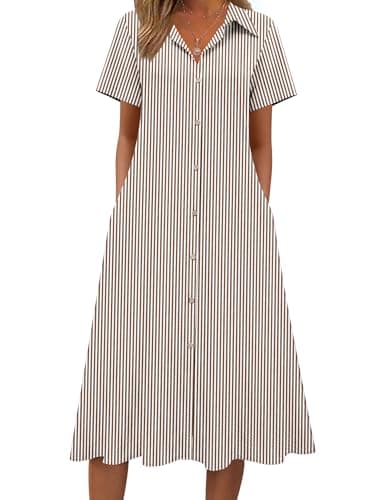 Zeagoo Womens Summer Shift Dress Long Beach Cotton Linen Dresses Button Down Casual Midi Dress Spring Sundresses with Pockets Brown Stripe L