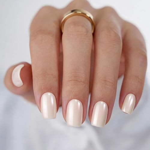 Bioday Press On Nails short Square Fake Nails Impress Soft Gel Pearl White Salon Quality Nails in 15 Sizes 30 Nail Kit wth False Nail Glue Strong for Women
