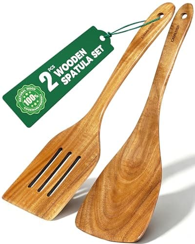 Gaialoop 2Pcs Acacia Wooden Spatula for Cooking, Slotted Spatula and Turner Spatula Set, Non-Stick Kitchen Utensils, Long Handle Wooden Kitchen Tools for Frying, Baking and Serving