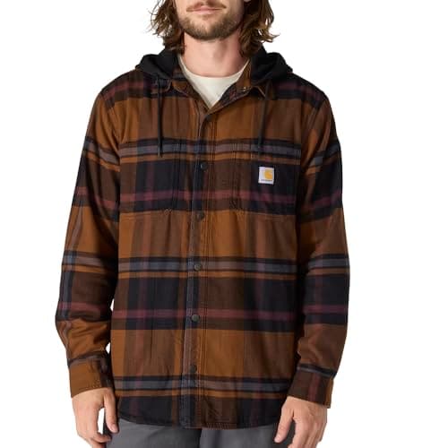 Carhartt Men's Rugged Flex Relaxed Fit Flannel Fleece Lined Hooded Shirt Jac, Black, X-Large