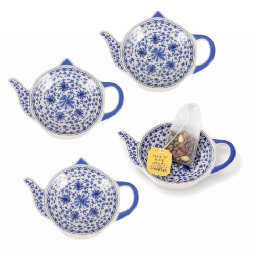VOSAREA 4pcs Teapot Shaped Tea Bag Holder, Porcelain Tea Bag Coasters Seasoning Dish Spoon Rests Saucer Snack Plate for Chips Tea Plates Sauce Dessert Blue