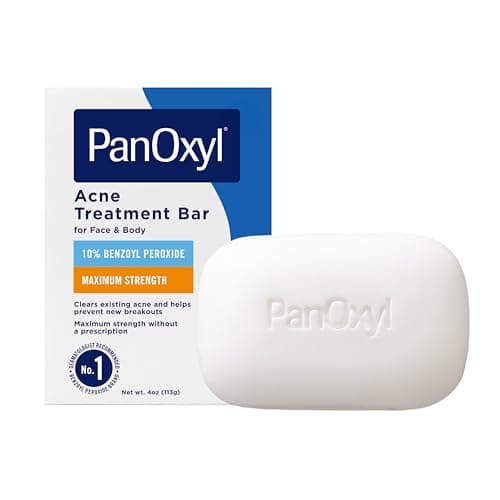 PanOxyl Acne Treatment Bar with 10% Benzoyl Peroxide, Maximum Strength Bar Soap for Face, Chest and Back, Benzoyl Peroxide Soap Body Wash, Vegan, For Acne Prone Skin, 4 oz