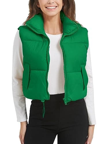 Flygo Puffer Vest Women Cropped Vest Zip Up Stand Collar Sleeveless Lightweight Winter Down Vests Jacket(Green-XXL)