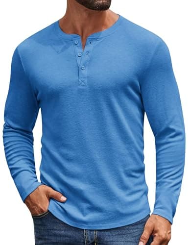 COOFANDY Casual T-Shirts for Men Long Sleeve Henley Shirt Fashion Thermal Basic Tee Blue