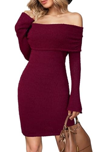 Arach&Cloz Women's Long Sleeve Off Shoulder Sweater Dress Burgundy Red