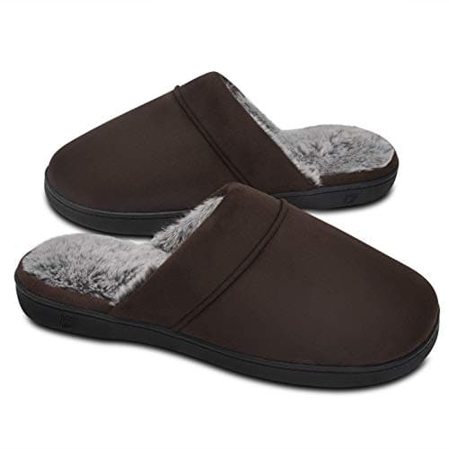 DL Men's Memory Foam Slippers with Fuzzy Plush Lining, Slip on House Slippers with Indoor Outdoor Anti-Skid Rubber Sole Scuff Slippers, Dark Brown, 11-12