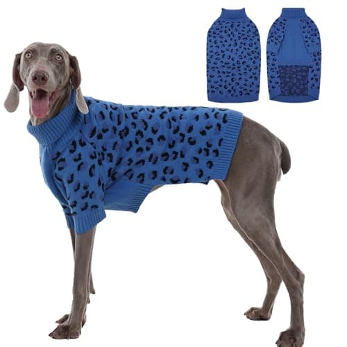 ROZKITCH Thick Dog Sweater, Matching Knit Winter Clothes with Leopard Pattern for Large Pets, Cozy Foldable Turtleneck Sweatshirt Outfits Outdoor Outfit Indoor Pjs DenimBlue XL