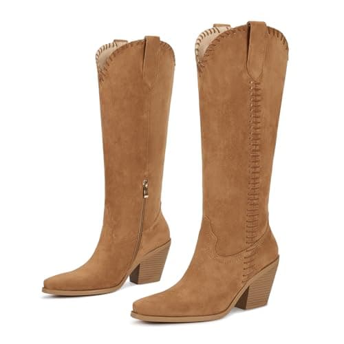 wetkiss Brown Cowboy Boots for Women, Western Cowgirl Boots Faux Suede