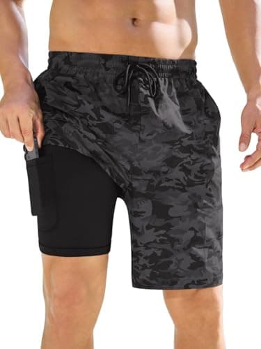 INCERUN Mens Swim Trunks with Compression Liner Quick Dry Bathing Suit Waterproof 2 in 1 Swimming Beach Board Shorts Swimwear Swimsuit for Men with 3 Zipper Pockets Black Camo XX-Large