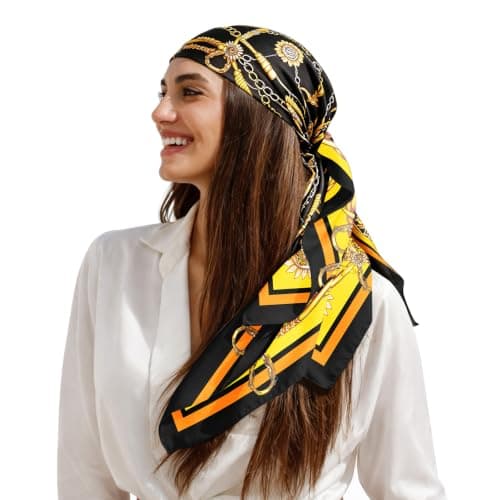 Giomos Head Scarf for Women, Satin Hair Scarf Like Silk Bandana, 35" Large Square Scarf for Beach Vacation Summer, Printed Fashion Hairscarf, Black_Yellow_Gold