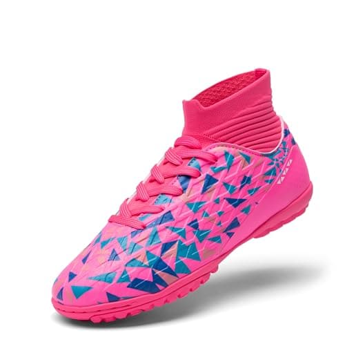 DREAM PAIRS Boys Girls Indoor Soccer Shoes High Top Football Turf Futsal Shoes for Little/Big Kid,Size 13 Little Kid,Hot Pink,KKUMSO2513