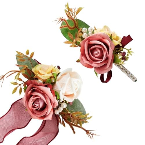SITUMEIZI 2Pcs Corsage and Boutonniere Set Wrist Corsage Bracelets and Boutonniere for Men Wedding Prom Party Suit Decor (Pinkish Orange)