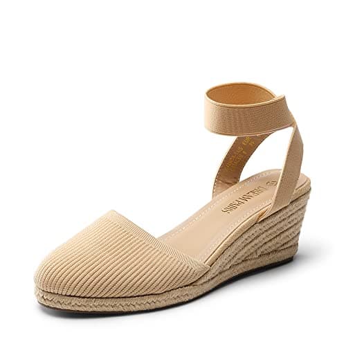 DREAM PAIRS Women's Elastic Ankle Strap Espadrilles Wedge Sandals,Size 5,Nude-Knit,AMANDA-1