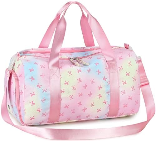 Gym Bag Sports Duffle Bag with Wet Pocket Weekender Overnight Bags with Waterproof Shoe Pouch and Air Hole for Girls Kids Women Workout Travel Bags (Bow Rainbow)