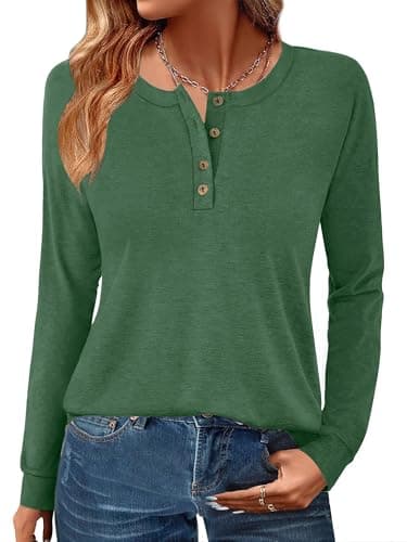 GKBK Womens Henley Tops Long Sleeve Shirts Button Pullover Loose Fit Henley Neck Lightweight Tunic Blouse Green S