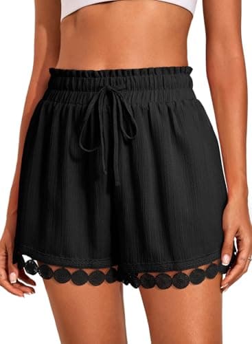 Dokotoo Womens Shorts 2026 Summer Drawstring Ruffle Elastic High Waist Solid Color Casual Beach Black Short Lightweight Loose Lace Yoga Shorts Large