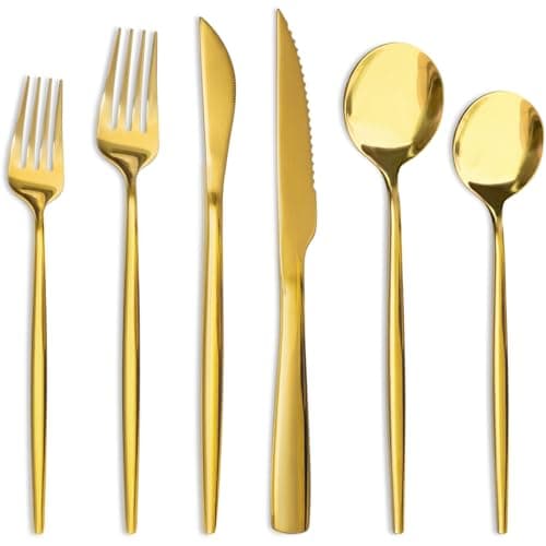 Astercook Silverware Set 48-Piece Gold Flatware Set with Steak Knives Food-Grade Stainless Steel Cutlery Set for 8 Mirror Polished Utensils Set for Home Kitchen Restaurant