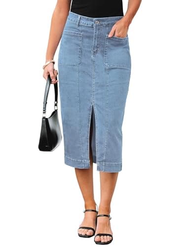 luvamia Jean Skirts for Women Denim Western Outfit for Women Trendy Casual Stretchy High Waisted Midi Front Pockets Below Knee Skirt with Slit Roadknight Blue X-Large US Size 16-18