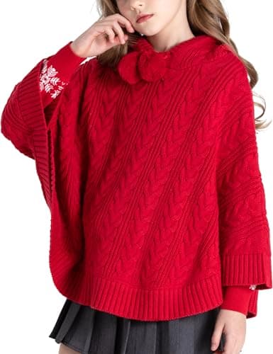 BOBOYOYO Cape for Girls Hooded Cable Knit Poncho Sweaters Kids Shawl Red