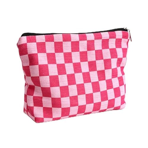 OYIMUA Small Pink Checkered Chenille Makeup Bag for Women, Minimalist Cosmetic Pouch for Travel, Neutral Makeup Organizer for Purse