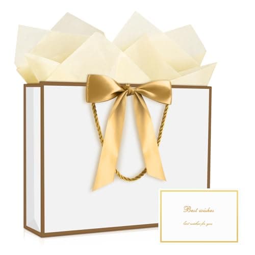 YoungTree Medium Mothers Day Gift Bag with Ribbon and Greeting Card 2 Tissue Papers, Mothers Day Bag, Birthday Gift Bags with Handles, Present Bags for Mother's Day Wedding Party Supplies (White-Gold)