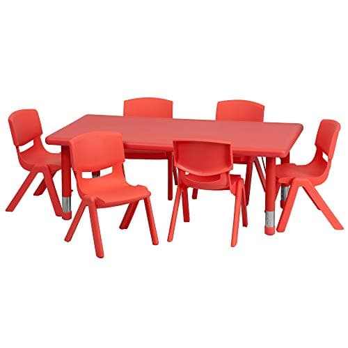 Flash Furniture Emmy 24''W x 48''L Rectangular Red Plastic Height Adjustable Activity Table Set with 6 Chairs