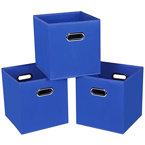 SEVENDOME Fabric Cloth Storage Bins,Fabric Cube Bins Organizer with Dual Handles Foldable Cube Storage Baskets for Home Bedroom Storage,Set of 3,(Dark Blue)