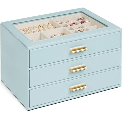 AKOZLIN Jewelry Box with Clear Lid Functional Leather Jewelry Storage Organizer Case Drawers for Women Girls Necklace Ring Bracelet Earring 3 Drawers Blue Grey
