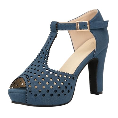 getmorebeauty Women's Vintage Heeled Sandals Suede Ankle T Straps Open Toe Pump Heel Sandals Dress Shoes（NAVY,US6）