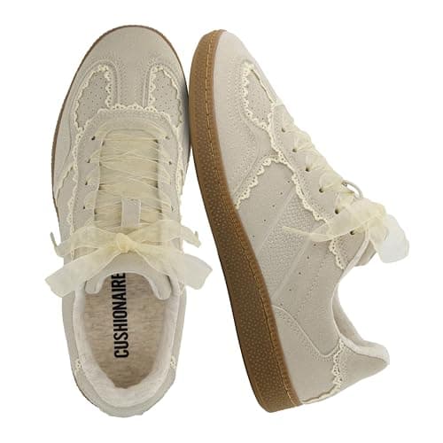 CUSHIONAIRE Belinda Women’s Lace Detail Casual Sneakers – Elegant Ribbon Lace-Up Summer Shoes for Women with Memory Foam, IVORY 11