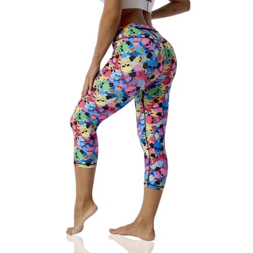 Capri Leggings with Pockets for Women Printed No See Through Gym Workout Leggings Yoga Capri Pants Skulls N Roses Medium