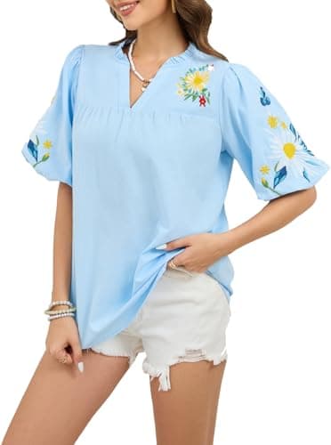 Women's Cotton Boho Floral Embroidered Blouse, V Neck Puff Short Sleeve Summer Casual Loose Fit Flowy Peasant Tunic Top Blue