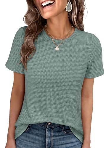 ANRABESS Women's Summer Waffle Knit Tops Crew Neck Short Sleeve Casual Trendy Shirts Basic Tee Blouses 2026 Spring Outfits Light Green Medium