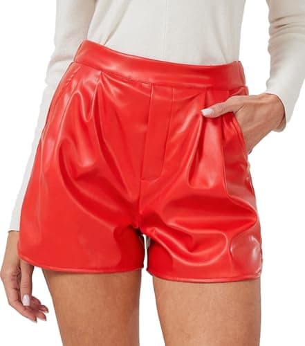 Neecan Faux Leather Shorts for Women High Waisted Wide Leg Pleated Casual Dressy with Pockets Red X-Large