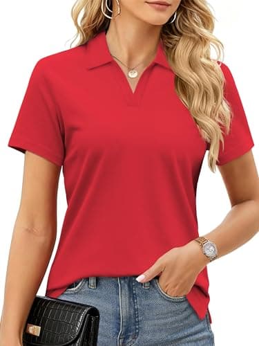 SMENG Ladies Polo Shirts V Neck Short Sleeve Blouses Lightweight Cotton Tops Summer Business Casual Collars 2025 Red L