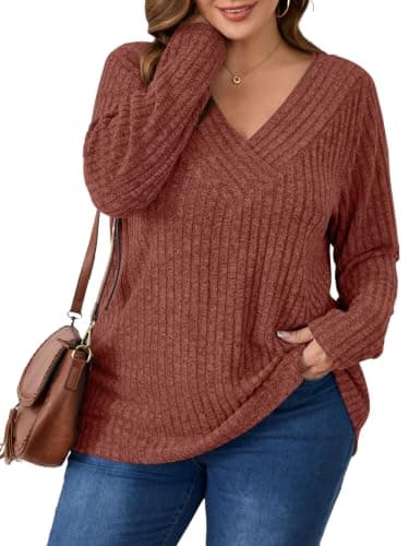 BELAROI Womens Plus Size Sweaters V Neck Fall Tunic Top Pullover Shirts