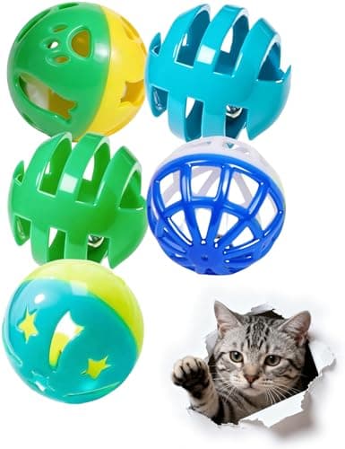 HEUHAI 5 Pcs Cat Toy Bells Balls for Indoor Kitten, PP Material, Interactive Cat Toys with Bell, Assorted Styles for Cats Play and Chew (1.5'')