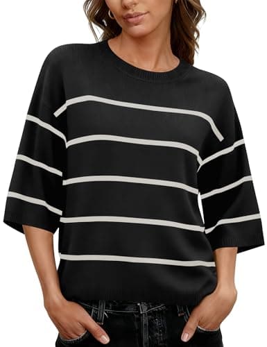 LOMON Spring Sweaters for Women 2026 Trendy Crew Neck Short Sleeve Sweaters Dressy Casual Striped Womens Blouses S
