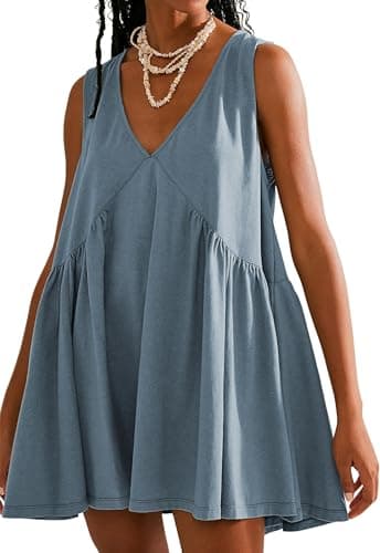 Tomosc Sleeveless Mini Dress for Women 2026 Summer Casual V Neck Sundress Loose Babydoll Dress with Pockets (2S-BlueGrey-1M)
