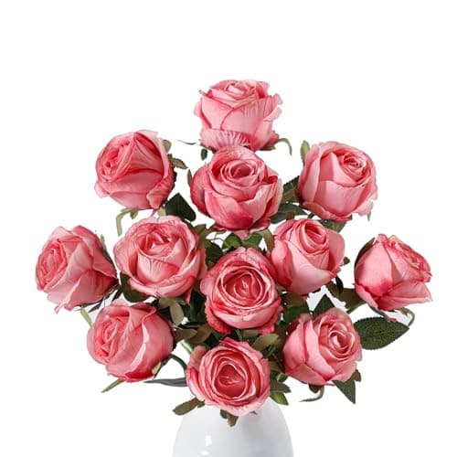 Wenhuidr 12pcs Deep Pink Roses Artificial Flowers – Realistic Silk Velvet Fake Flowers with Long Stems for Valentines Day Wedding Bouquets Home Decoration Party Centrepieces & DIY Floral Arrangements