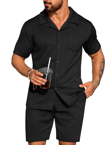 URRU Mens 2 Piece Outfits Summer Casual Texture Beach Short Sleeve Button Down Shirts and Shorts Set with Pocket Black XL